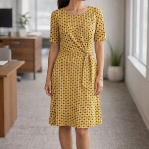 Ann Taylor Factory Faux Wrap Dress | Mustard Yellow Geo Print | Size 6